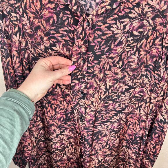 Peruvian Connection Leaf Print Silk Long Sleeve Collared Tunic Shirt Dress Med - Picture 3 of 14